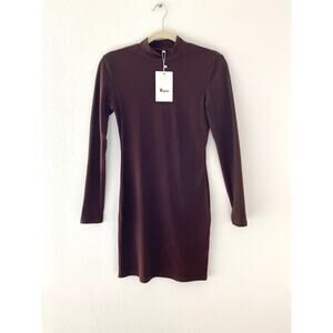 NWT Riyiper Brown Ribbed Bodycon Dress Mock Neck Long Sleeve Size S